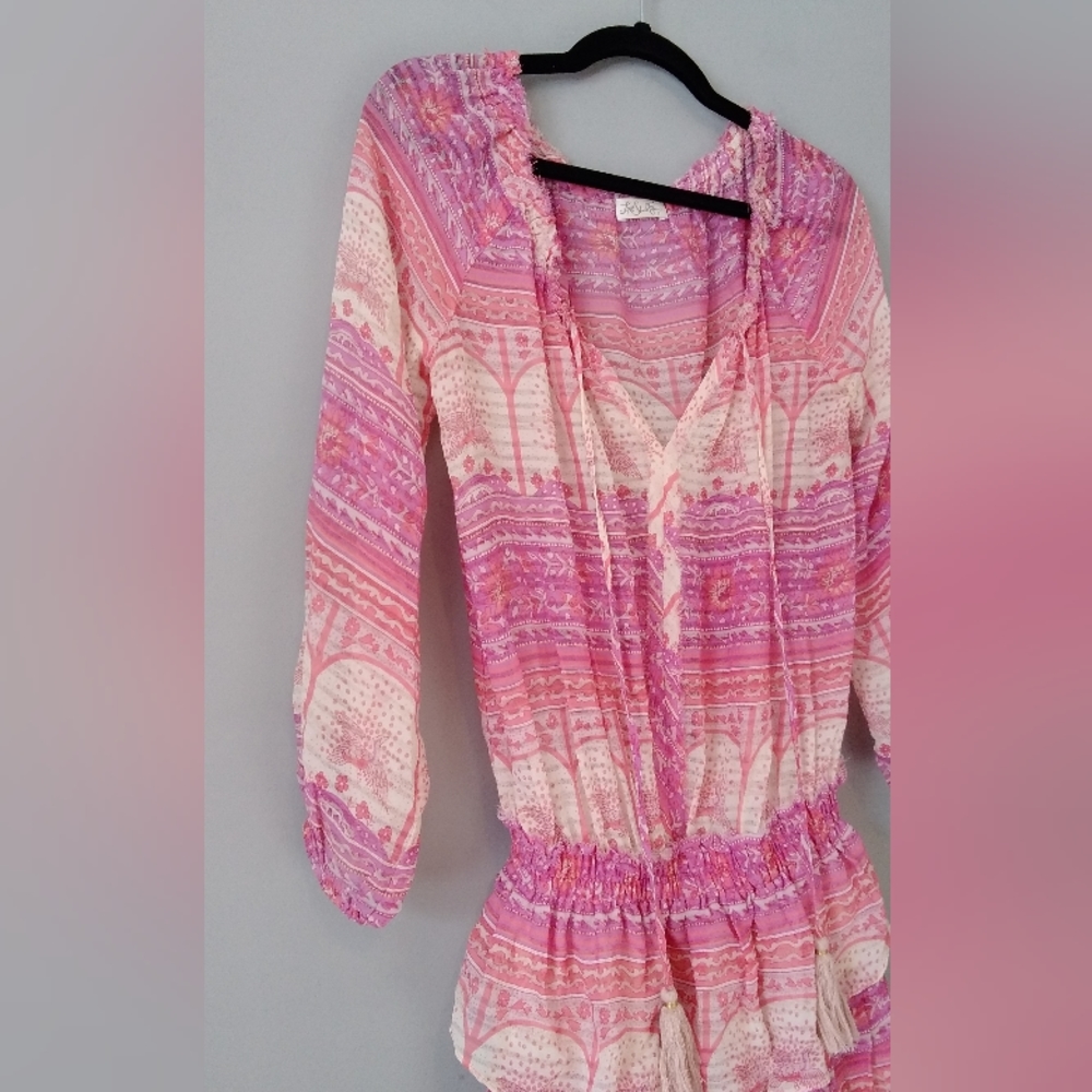 Loveshackfancy Pink Patterned Popover Tiered Silk… - image 4